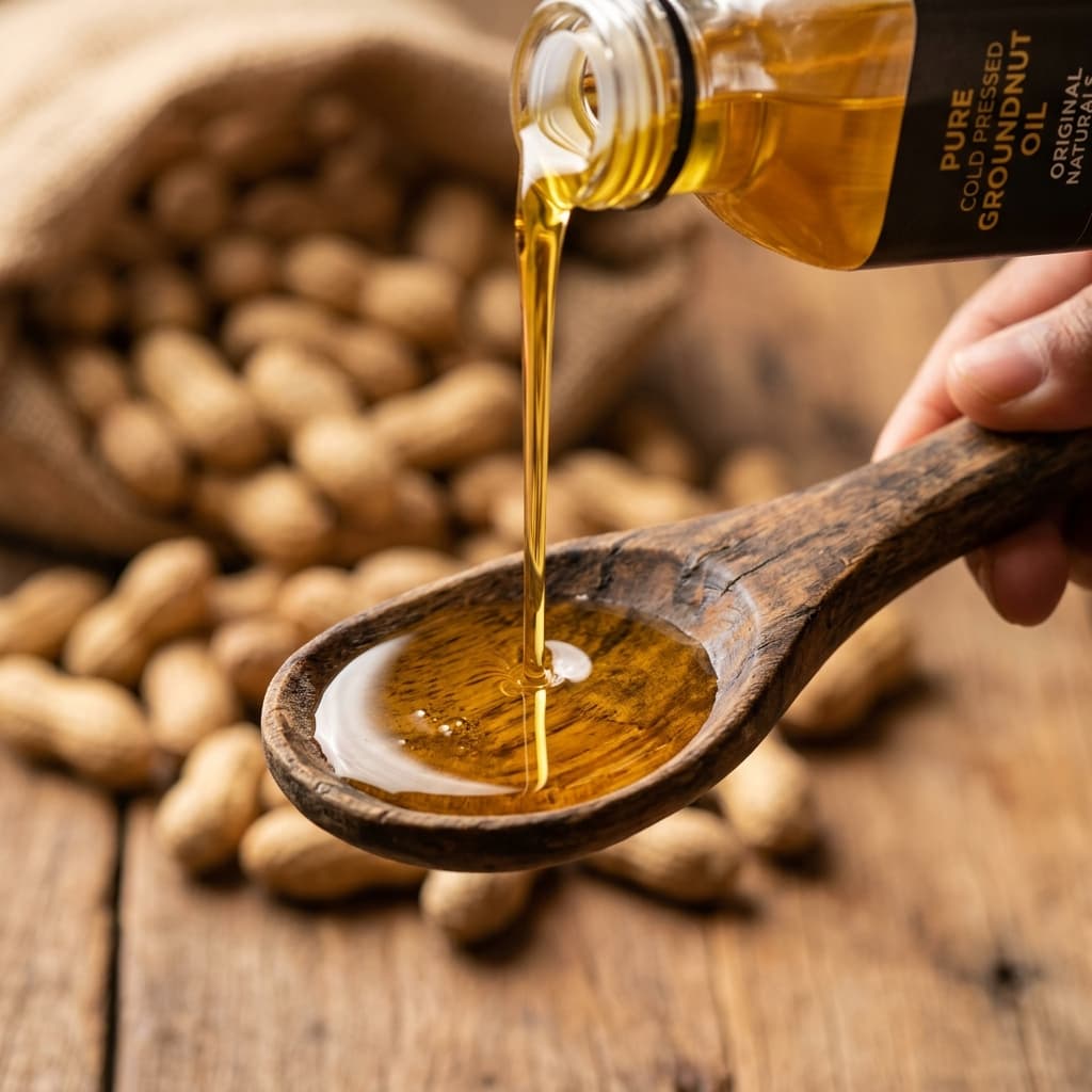 Artisanal cold pressed pure oil pouring into wooden ladle