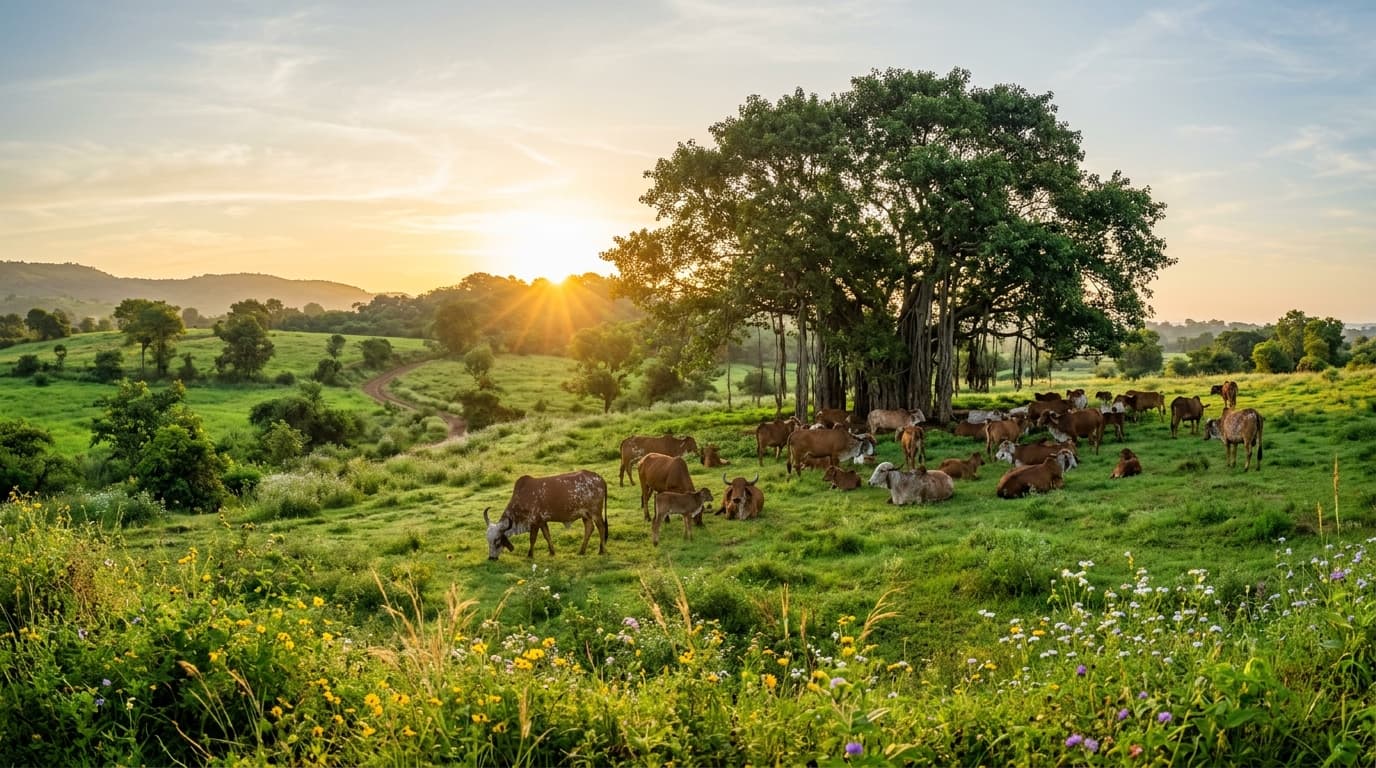 Indigenous Gir cows grazing peacefully in rain-fed lush pasture