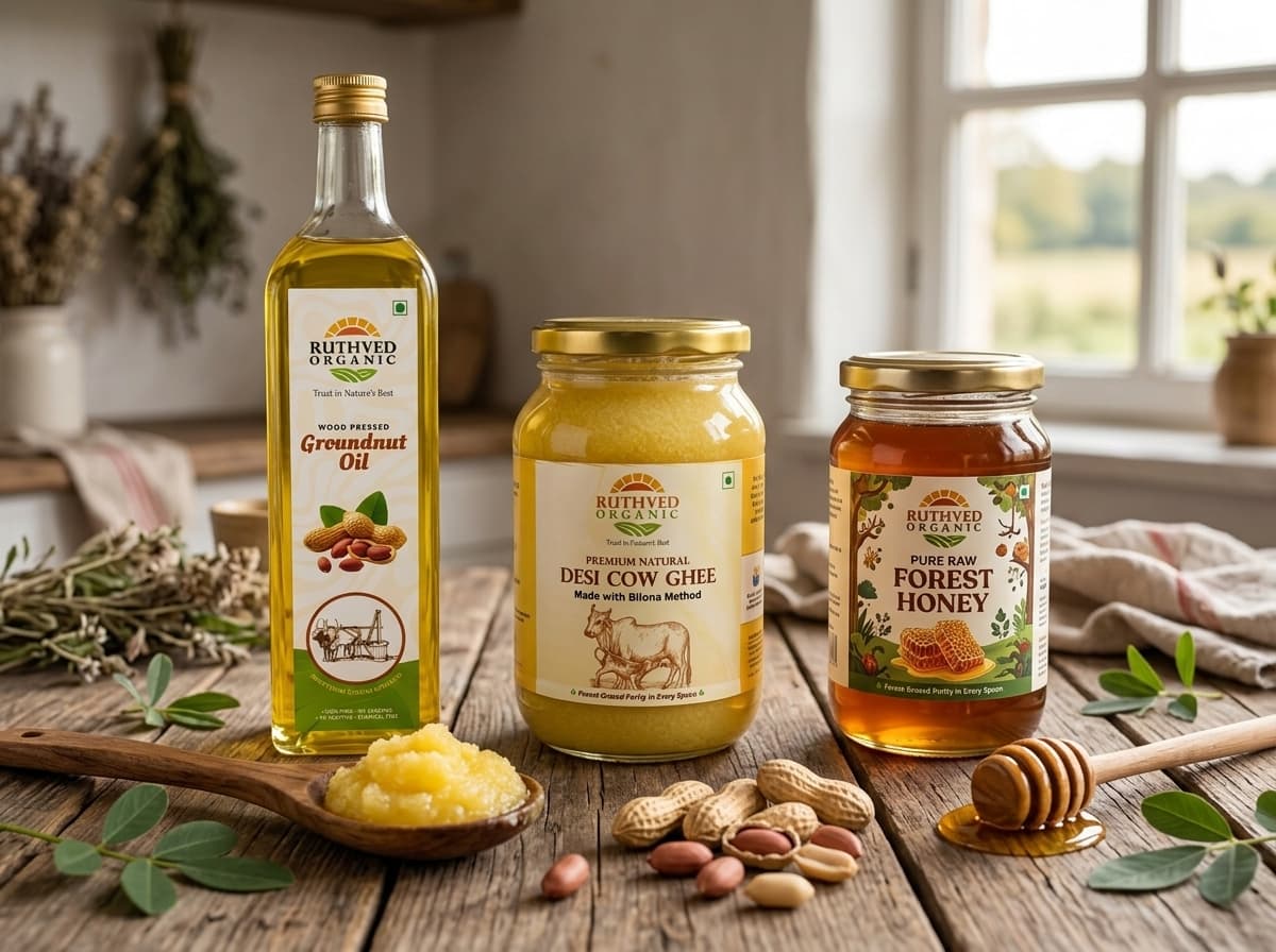 Ruthved Organic Authentic Product Range: Wood Pressed Groundnut Oil, Vedic Bilona A2 Desi Cow Ghee, and Pure Raw Forest Honey